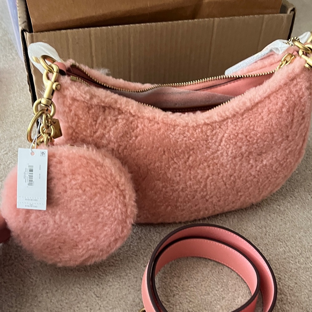 Coach Pink Shearling Bag with long leather and short multicolor shearling Strap - Picture 8 of 8